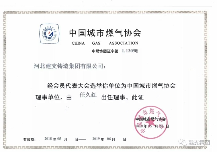 [News] Jianzhi Casting Group was promoted to the board of directors of the China Urban Gas Association!
